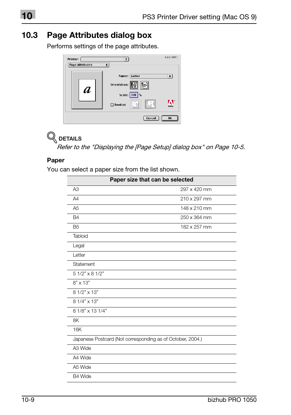 3 page attributes dialog box, Ps3 printer driver setting (mac os 9) | Konica Minolta BIZHUB PRO 1050 User Manual | Page 275 / 399