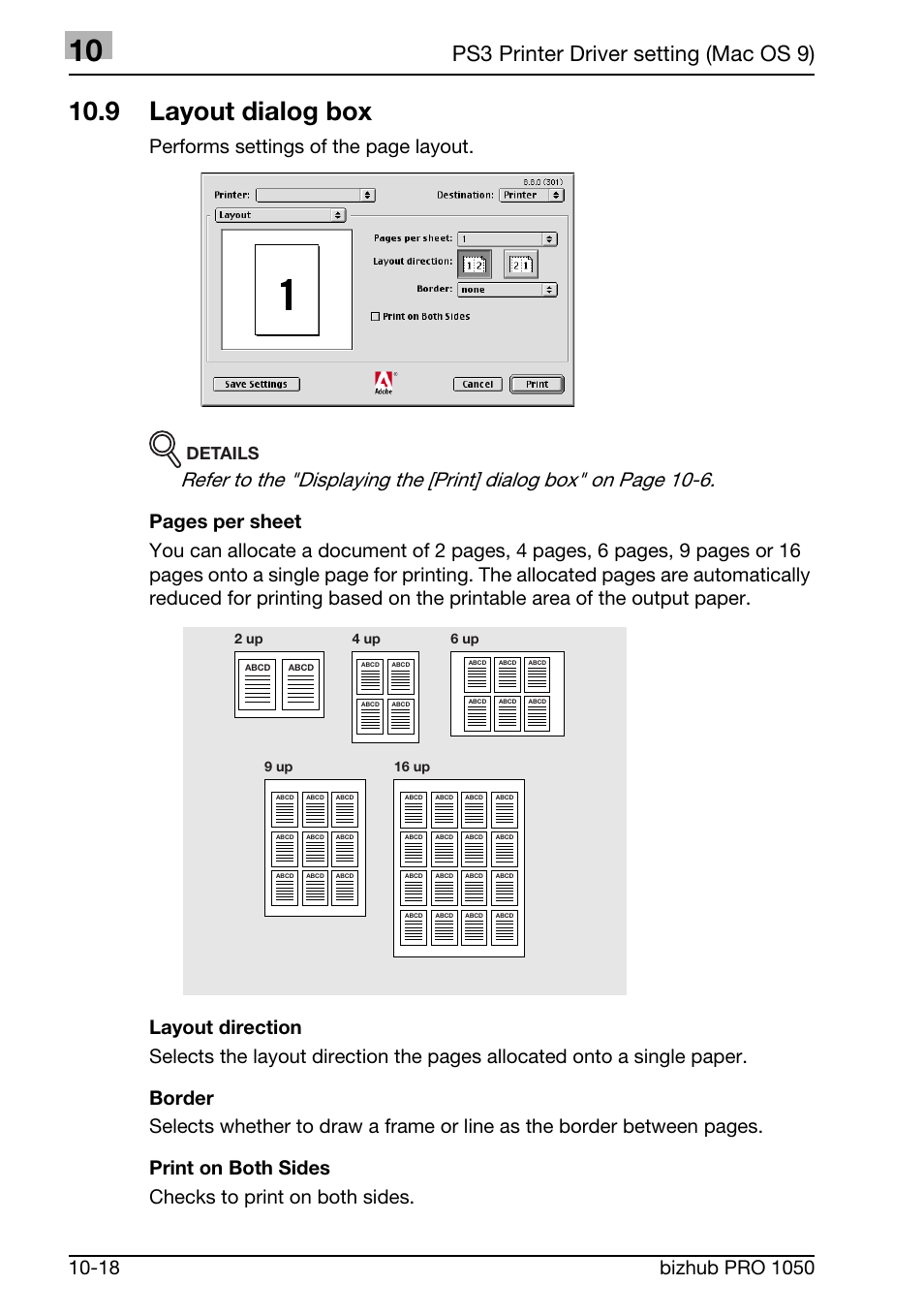 9 layout dialog box, Ps3 printer driver setting (mac os 9), Performs settings of the page layout | Details | Konica Minolta BIZHUB PRO 1050 User Manual | Page 284 / 399