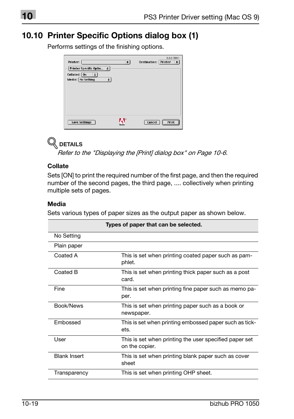 10 printer specific options dialog box (1) | Konica Minolta BIZHUB PRO 1050 User Manual | Page 285 / 399