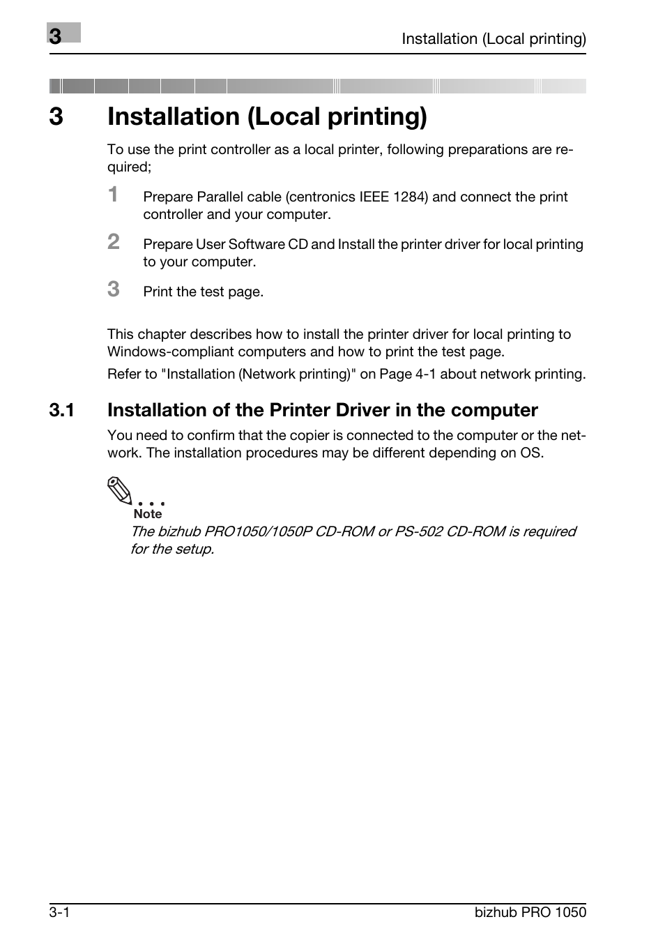 Installation (local printing), 3installation (local printing) | Konica Minolta BIZHUB PRO 1050 User Manual | Page 29 / 399