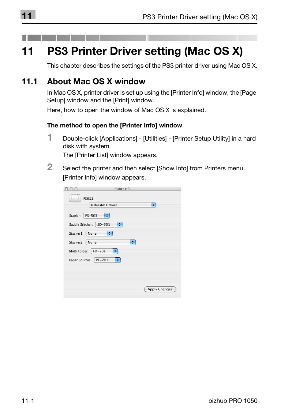 Ps 3 printer driver stting (mac os x), 1 about mac os x window, 11 ps3 printer driver setting (mac os x) | Konica Minolta BIZHUB PRO 1050 User Manual | Page 299 / 399