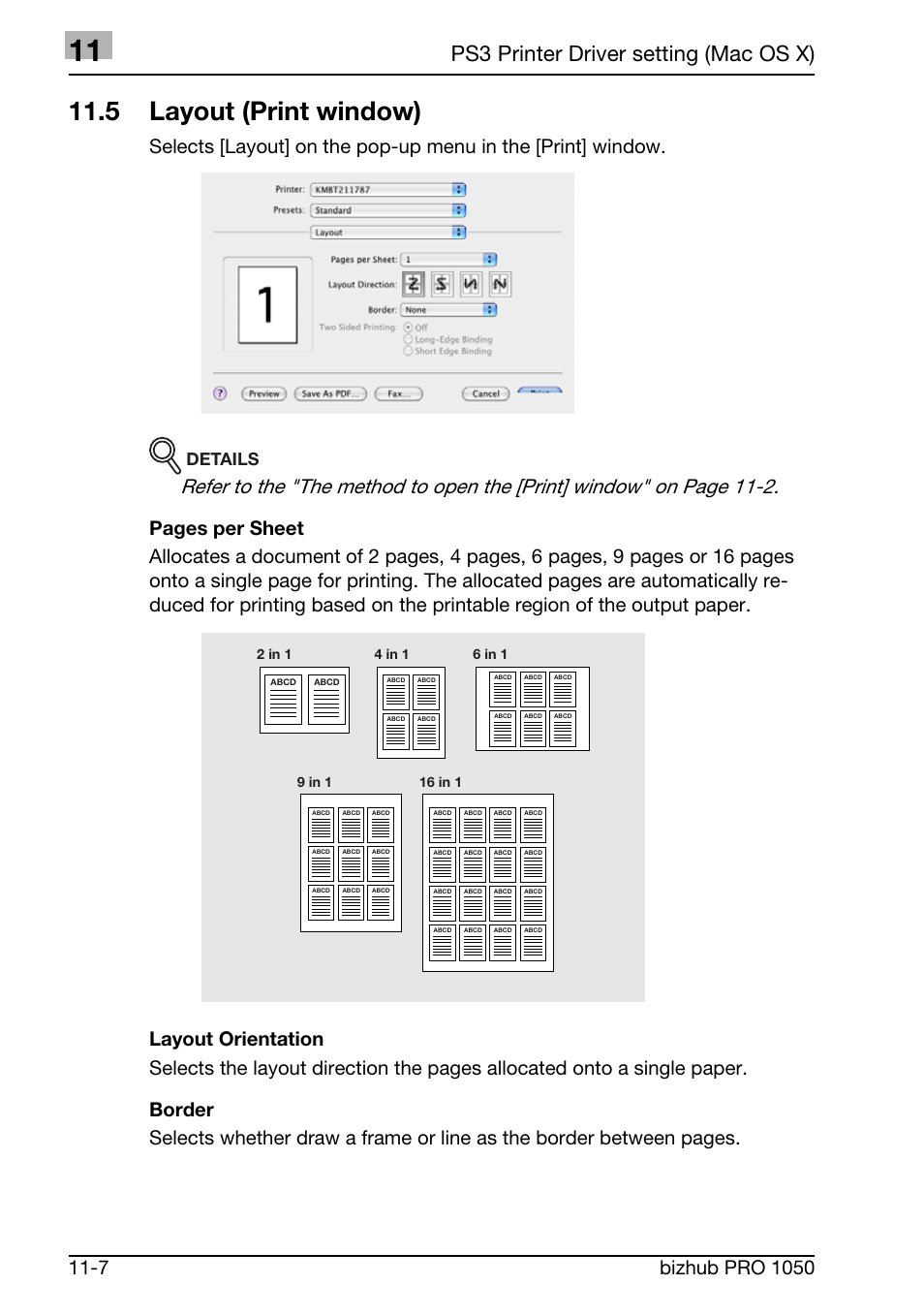 5 layout (print window), Ps3 printer driver setting (mac os x), Details | Konica Minolta BIZHUB PRO 1050 User Manual | Page 305 / 399