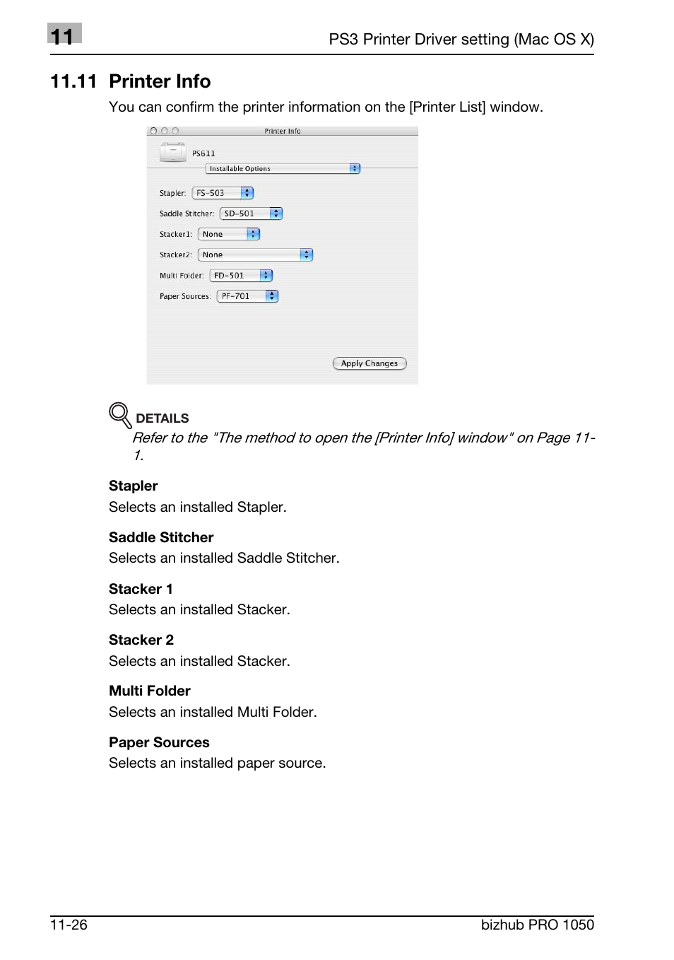 11 printer info | Konica Minolta BIZHUB PRO 1050 User Manual | Page 324 / 399