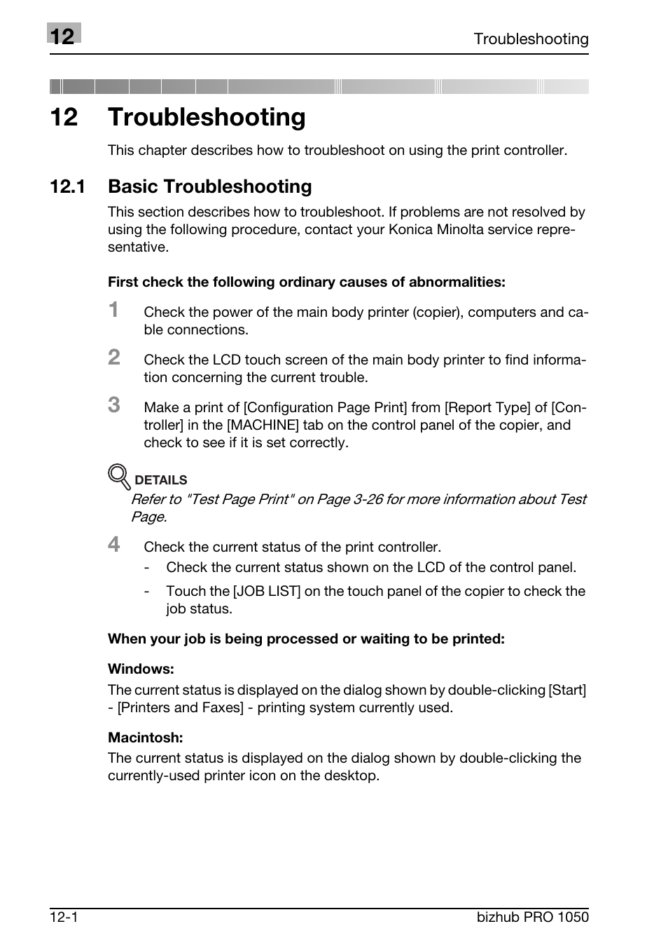 Troubleshooting, 1 basic troubleshooting, 12 troubleshooting | Konica Minolta BIZHUB PRO 1050 User Manual | Page 325 / 399