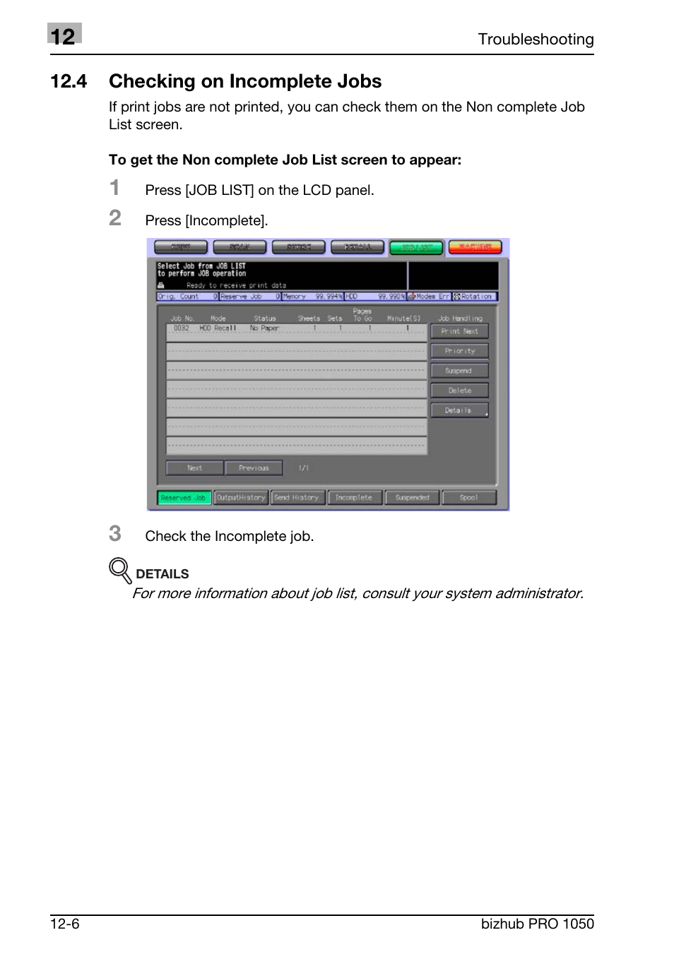 4 checking on incomplete jobs | Konica Minolta BIZHUB PRO 1050 User Manual | Page 330 / 399