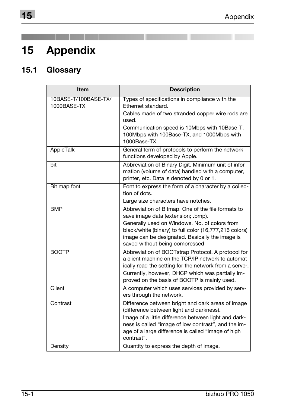 Appendix, 1 glossary, 15 appendix | Konica Minolta BIZHUB PRO 1050 User Manual | Page 390 / 399