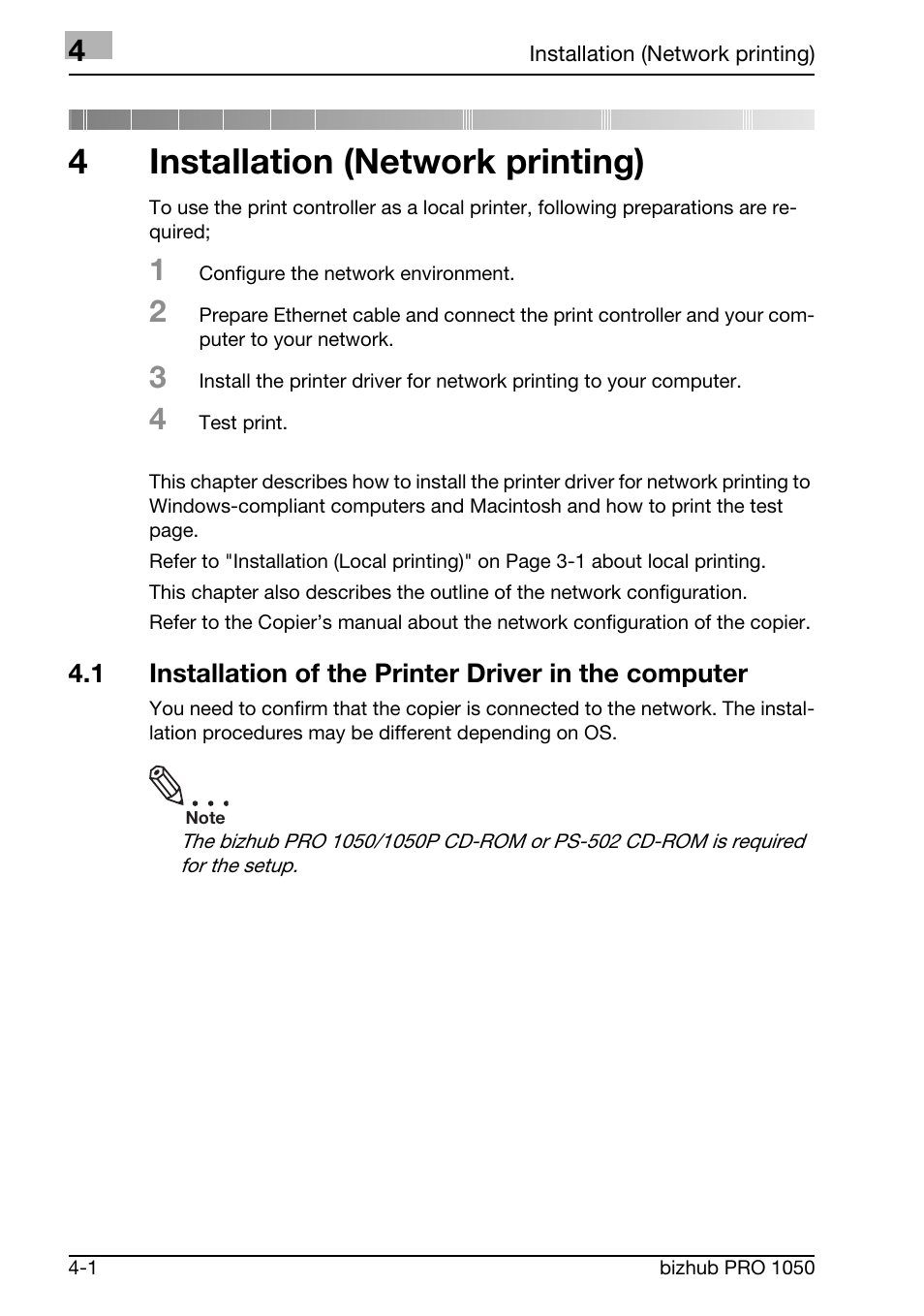 Installion (network printing), 4installation (network printing) | Konica Minolta BIZHUB PRO 1050 User Manual | Page 55 / 399