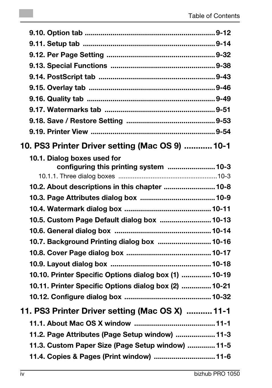 Ps3 printer driver setting (mac os 9) -1, Ps3 printer driver setting (mac os x) -1 | Konica Minolta BIZHUB PRO 1050 User Manual | Page 6 / 399