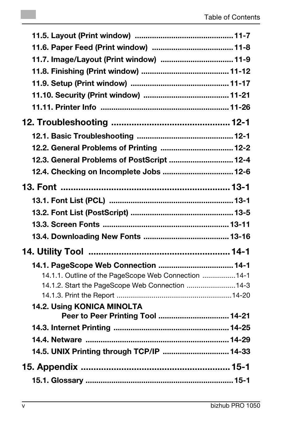 Troubleshooting -1, Font -1, Utility tool -1 | Appendix -1 | Konica Minolta BIZHUB PRO 1050 User Manual | Page 7 / 399