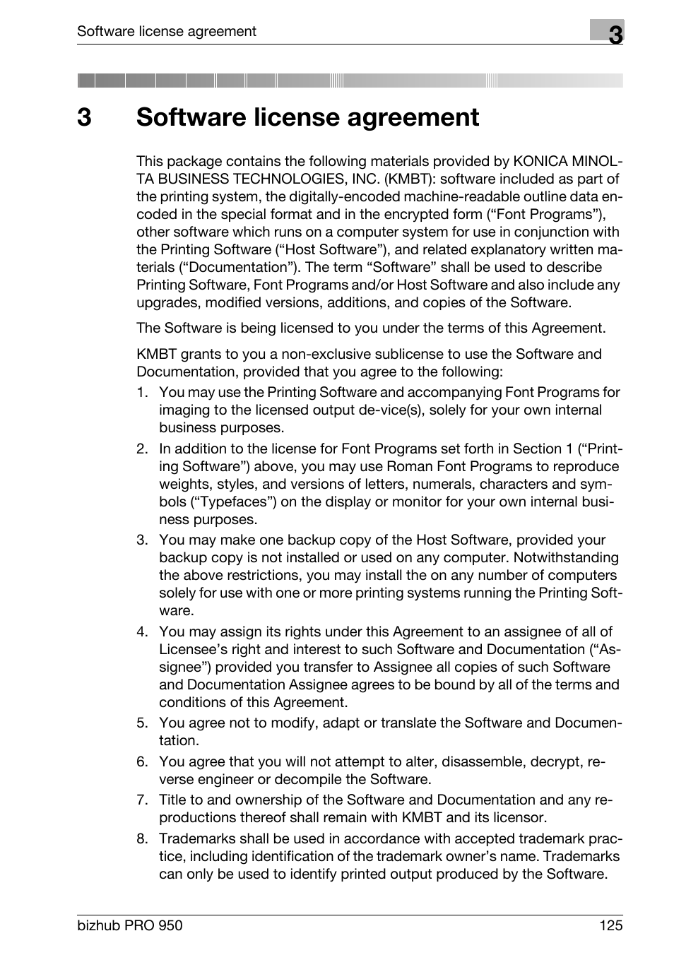 3 software license agreement, Software license agreement, 3software license agreement | Konica Minolta bizhub PRO 950 User Manual | Page 129 / 131