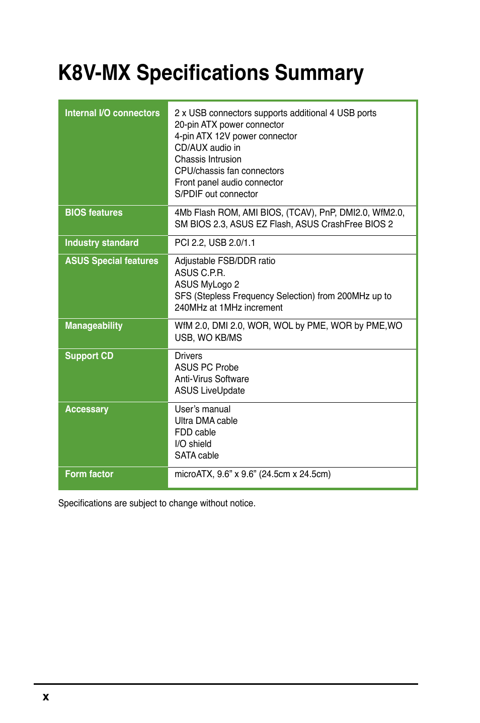 K8v-mx speciﬁcations summary | Asus K8V-MX User Manual | Page 10 / 72