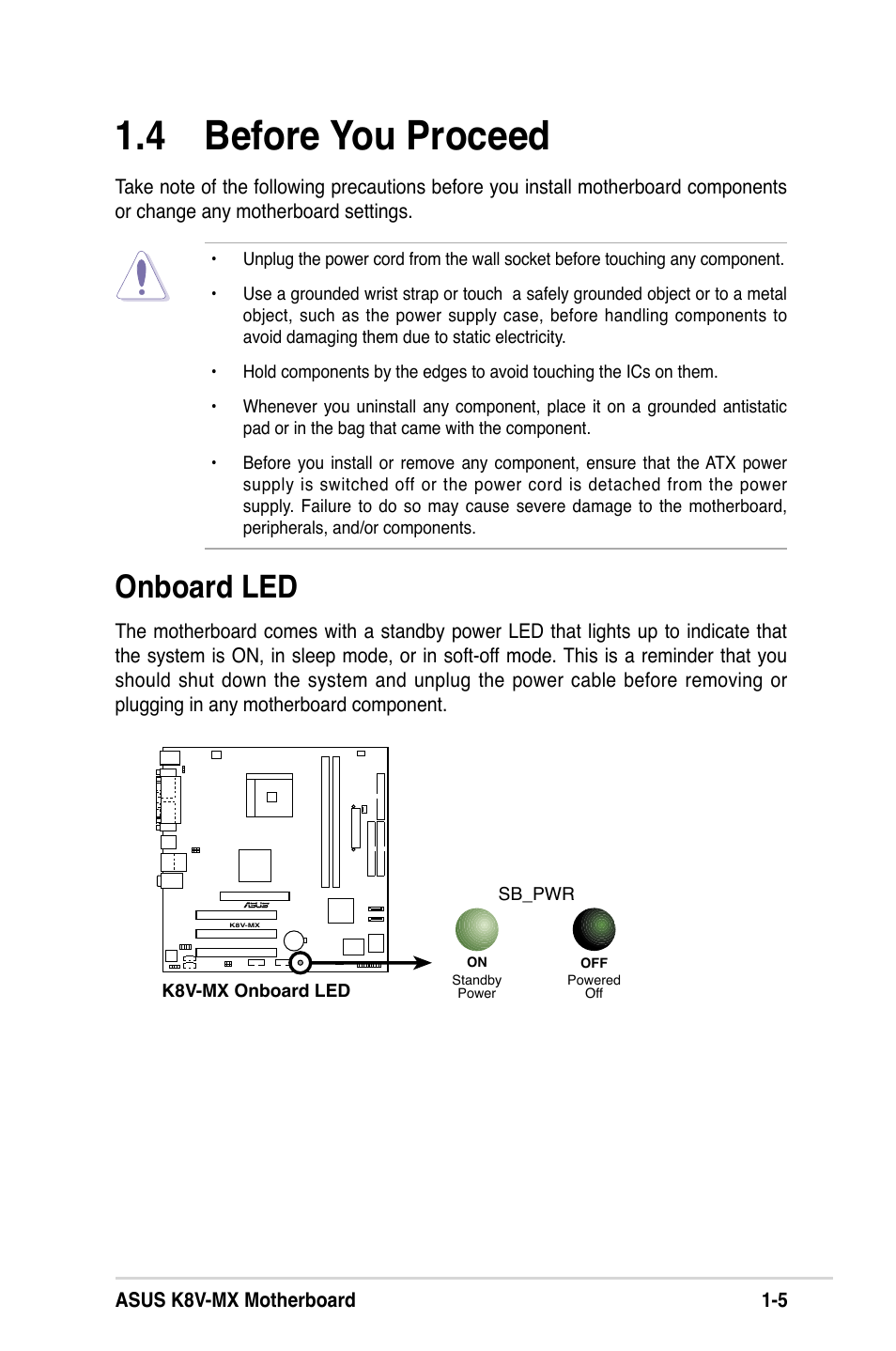 4 before you proceed, Onboard led | Asus K8V-MX User Manual | Page 15 / 72