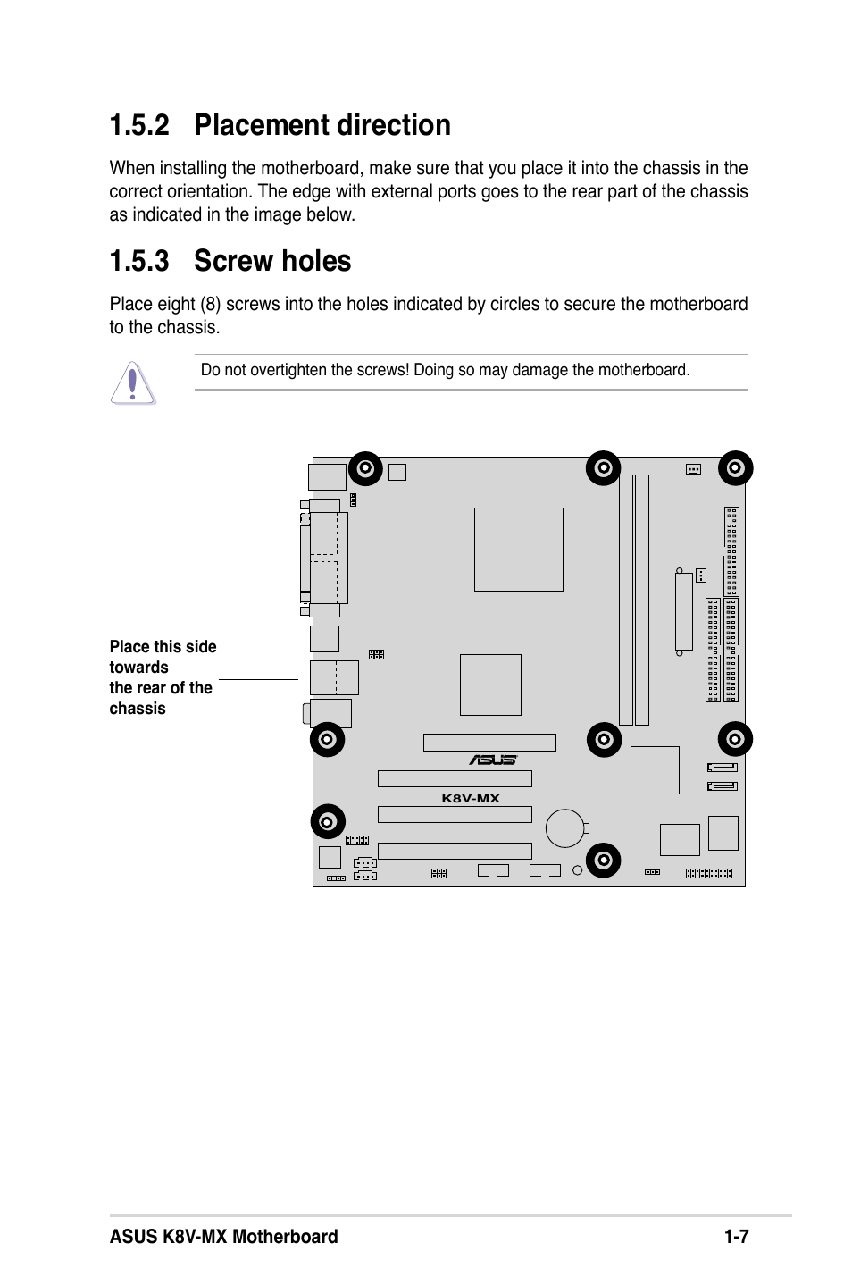 2 placement direction, 3 screw holes | Asus K8V-MX User Manual | Page 17 / 72