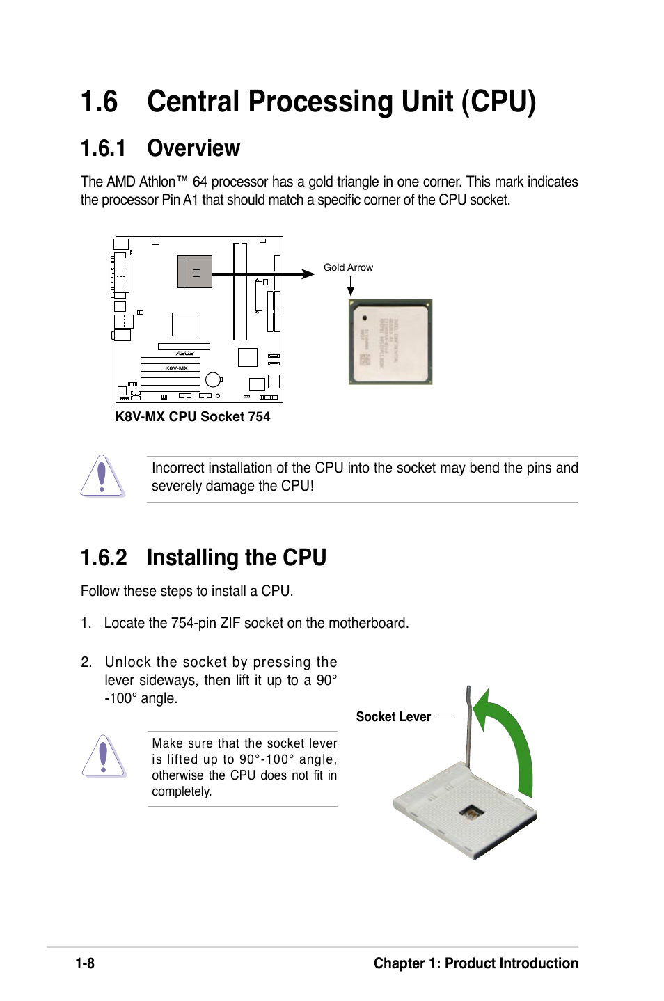 6 central processing unit (cpu), 2 installing the cpu, 1 overview | Asus K8V-MX User Manual | Page 18 / 72