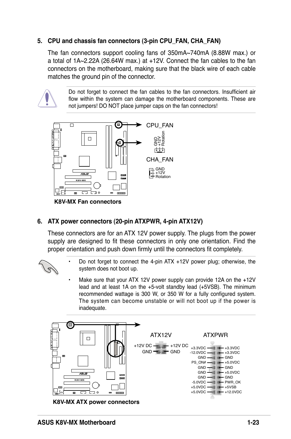 K8v-mx fan connectors cpu_fan cha_fan, K8v-mx atx power connectors atxpwr atx12v | Asus K8V-MX User Manual | Page 33 / 72