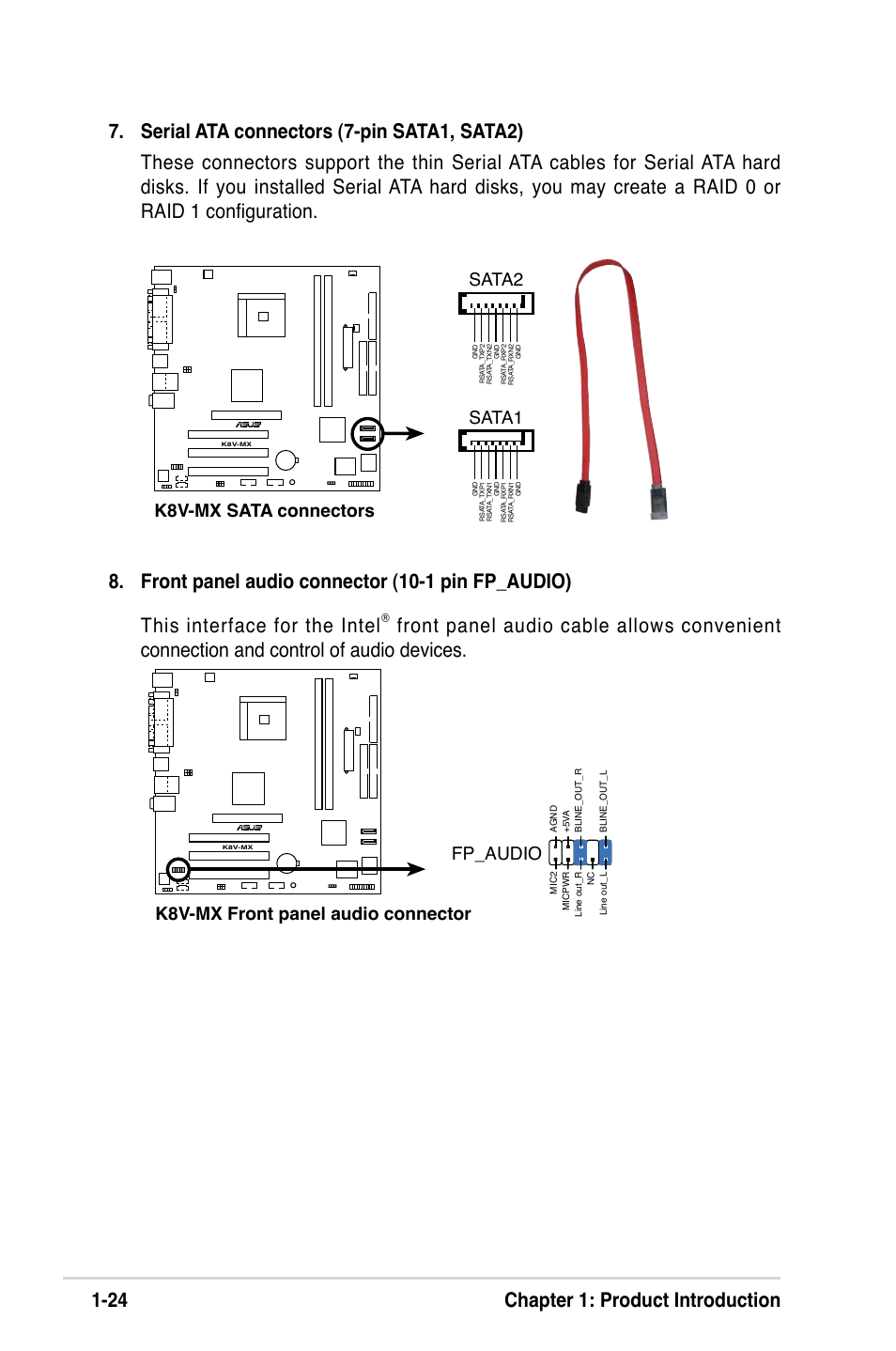 24 chapter 1: product introduction, K8v-mx front panel audio connector fp_audio, K8v-mx sata connectors sata2 | Sata1 | Asus K8V-MX User Manual | Page 34 / 72