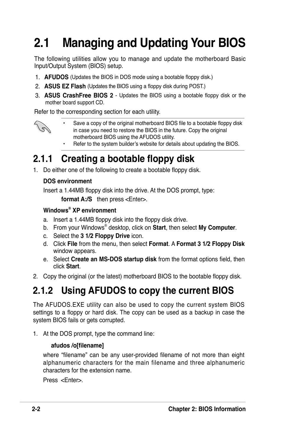1 managing and updating your bios, 1 creating a bootable ﬂoppy disk, 2 using afudos to copy the current bios | Asus K8V-MX User Manual | Page 38 / 72