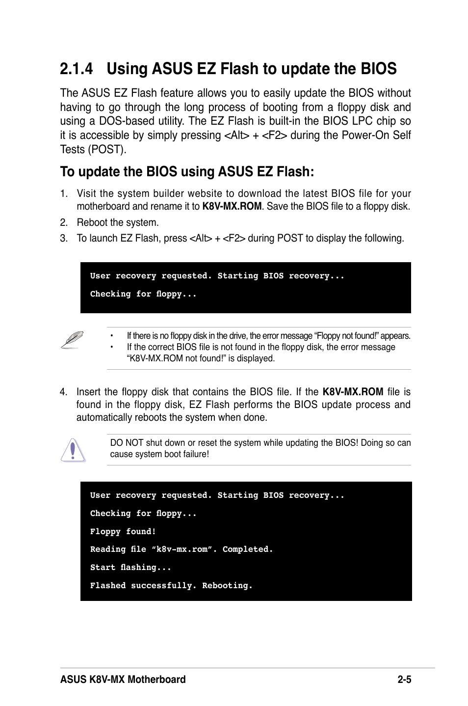 4 using asus ez flash to update the bios | Asus K8V-MX User Manual | Page 41 / 72