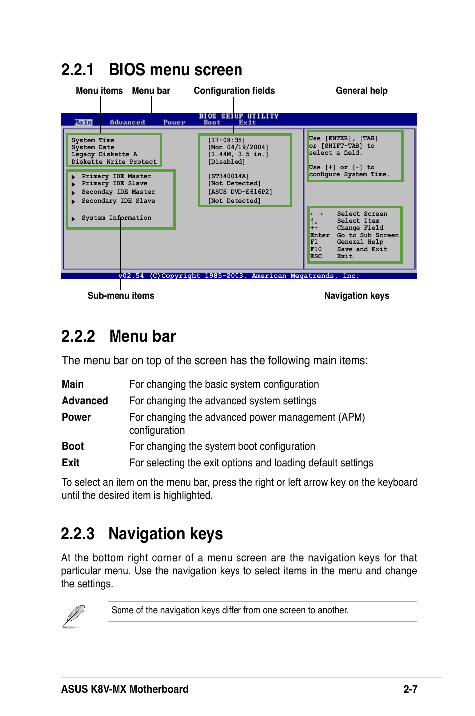 2 menu bar, 1 bios menu screen 2.2.3 navigation keys, Asus k8v-mx motherboard 2-7 | Asus K8V-MX User Manual | Page 43 / 72