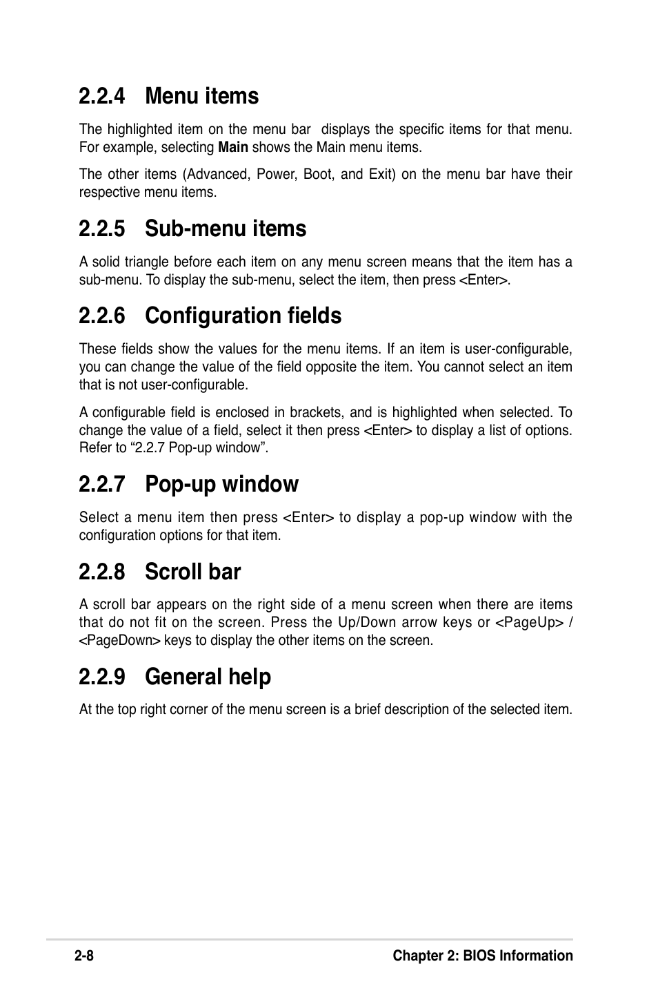 4 menu items, 5 sub-menu items, 6 conﬁguration ﬁelds | 7 pop-up window, 8 scroll bar, 9 general help | Asus K8V-MX User Manual | Page 44 / 72