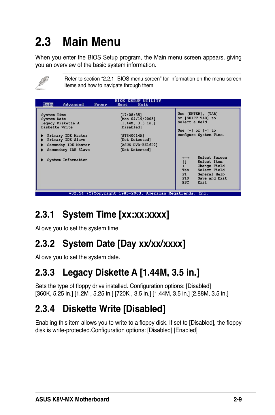 3 main menu, 4 diskette write [disabled, Asus k8v-mx motherboard 2-9 | Allows you to set the system time, Allows you to set the system date | Asus K8V-MX User Manual | Page 45 / 72