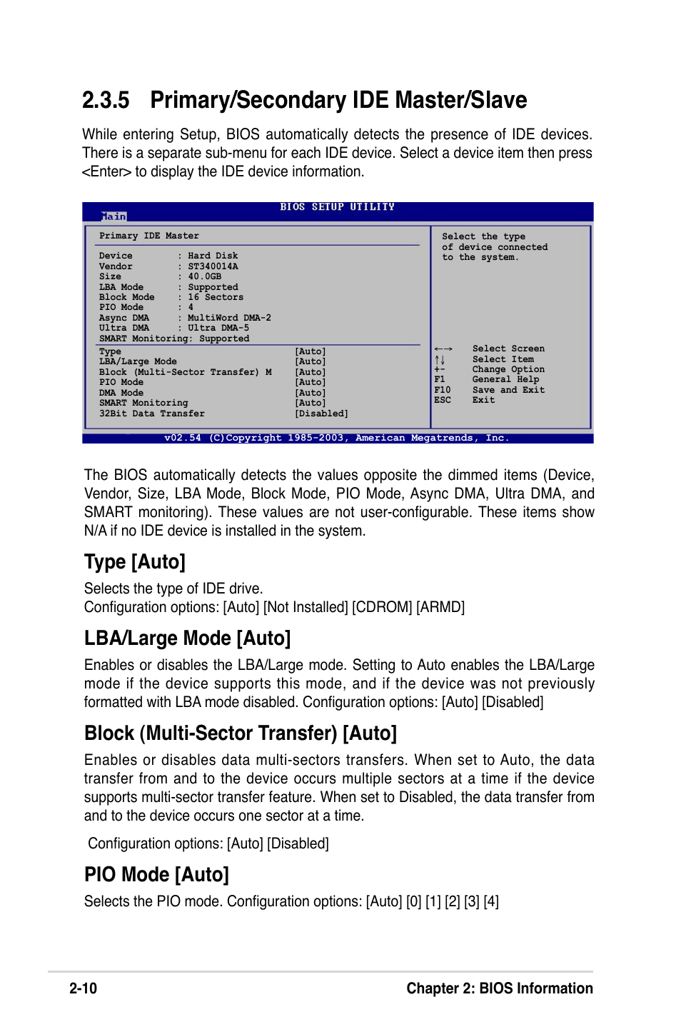 5 primary/secondary ide master/slave, Type [auto, Lba/large mode [auto | Block (multi-sector transfer) [auto, Pio mode [auto, 10 chapter 2: bios information | Asus K8V-MX User Manual | Page 46 / 72