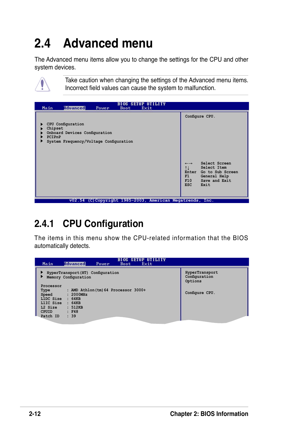 4 advanced menu, 1 cpu conﬁguration, 12 chapter 2: bios information | Asus K8V-MX User Manual | Page 48 / 72