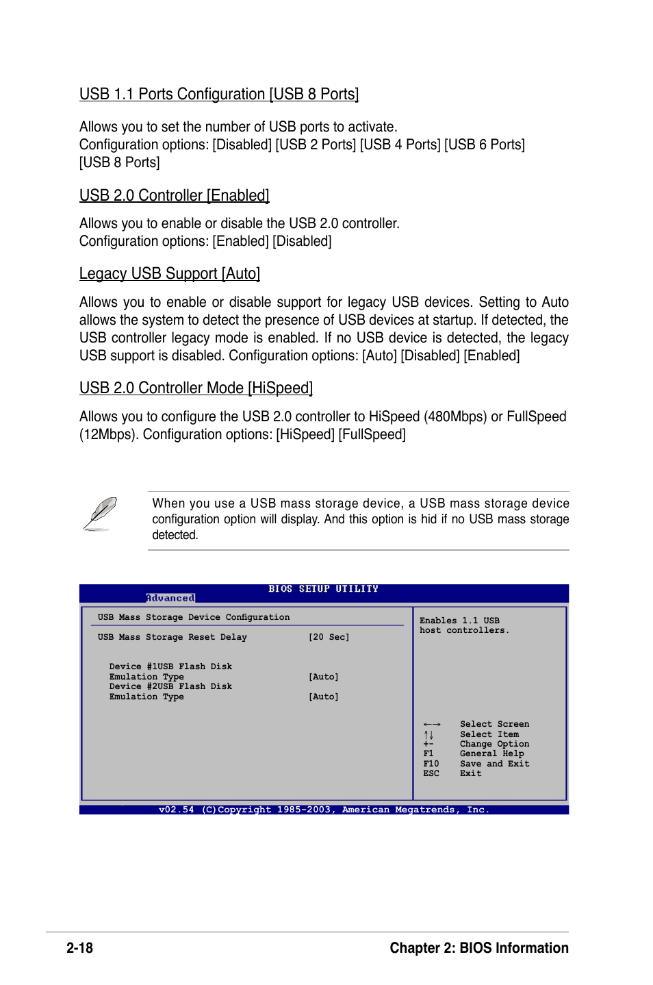 Usb 1.1 ports conﬁguration [usb 8 ports, Usb 2.0 controller [enabled, Legacy usb support [auto | Usb 2.0 controller mode [hispeed, 18 chapter 2: bios information | Asus K8V-MX User Manual | Page 54 / 72