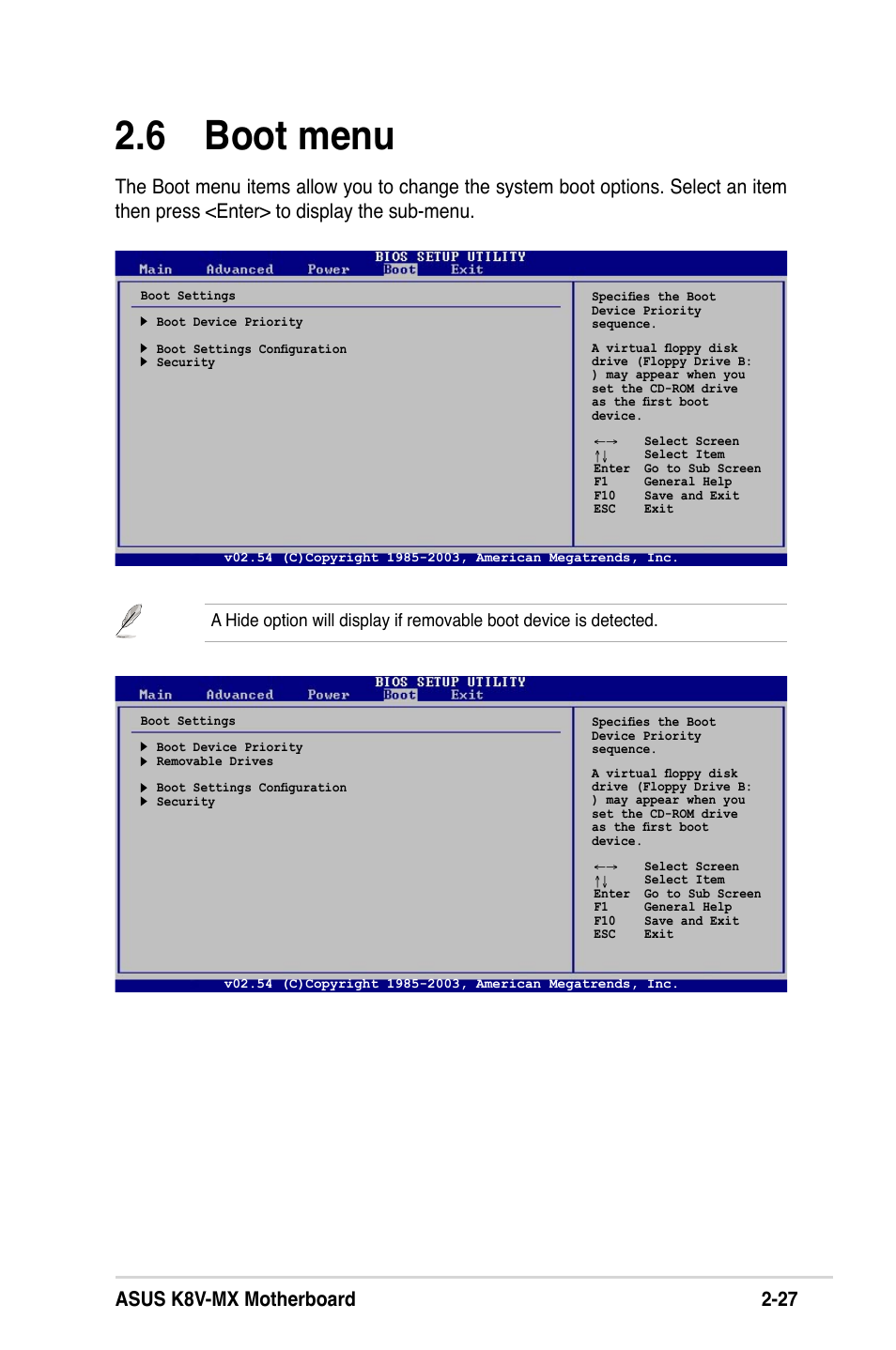 6 boot menu, Asus k8v-mx motherboard 2-27 | Asus K8V-MX User Manual | Page 63 / 72