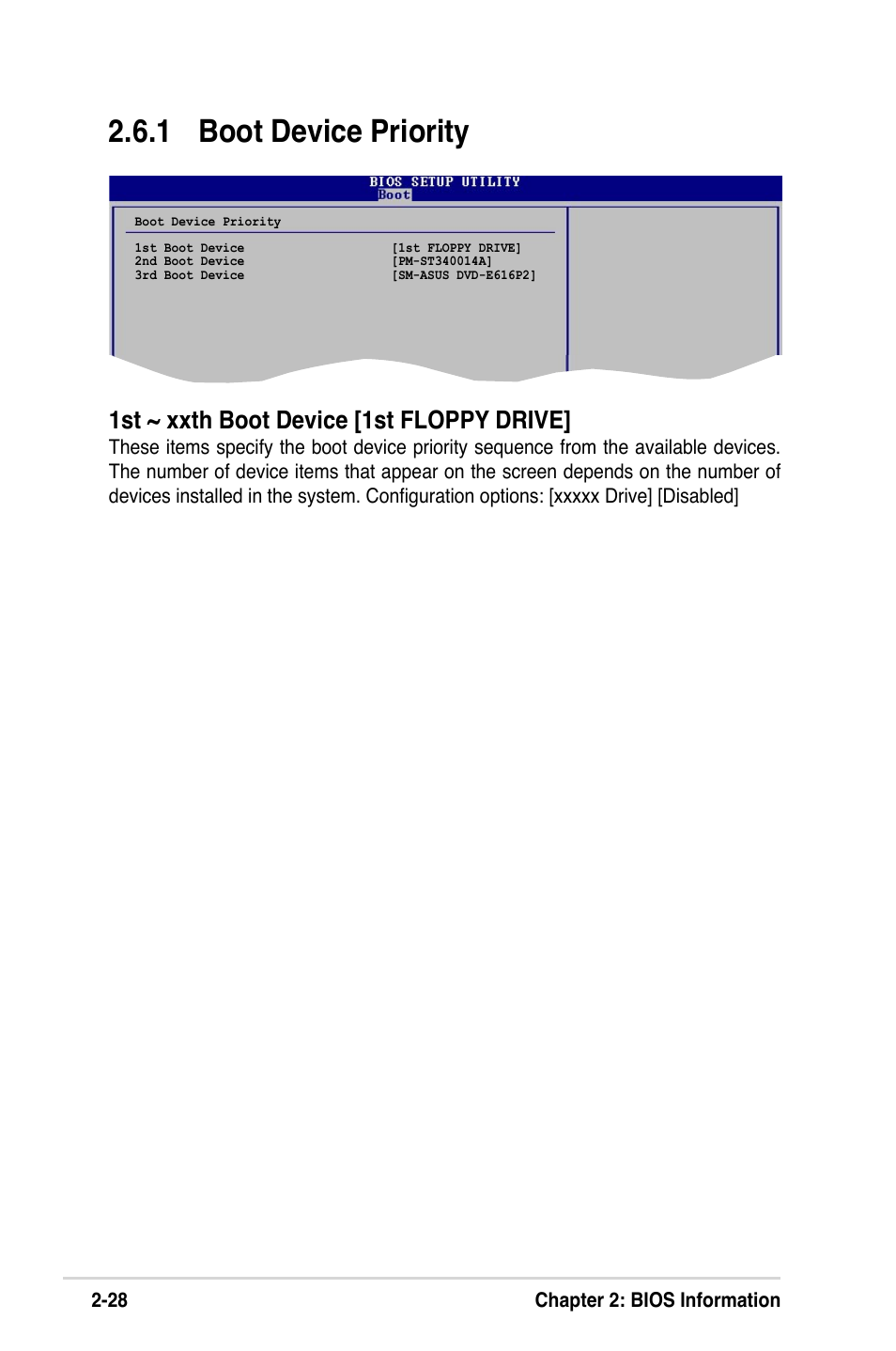 1 boot device priority, 1st ~ xxth boot device [1st floppy drive, 28 chapter 2: bios information | Asus K8V-MX User Manual | Page 64 / 72