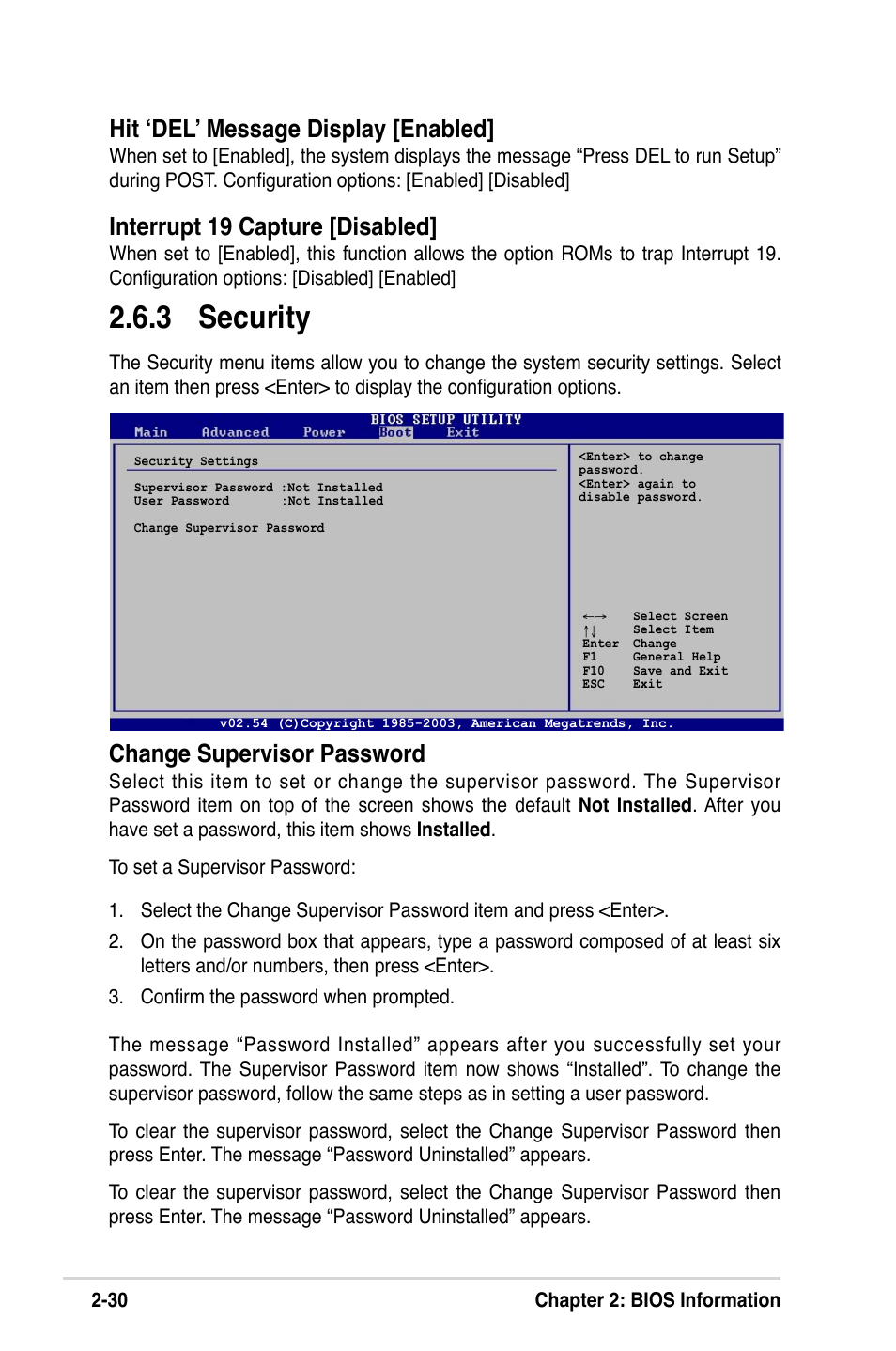 3 security, Change supervisor password, Hit ʻdelʼ message display [enabled | Interrupt 19 capture [disabled | Asus K8V-MX User Manual | Page 66 / 72