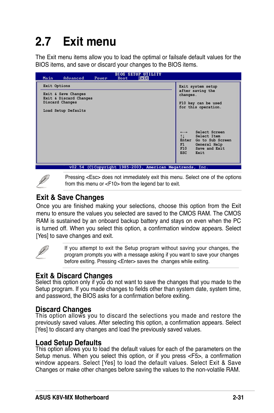 7 exit menu, Exit & save changes, Exit & discard changes | Discard changes, Load setup defaults | Asus K8V-MX User Manual | Page 67 / 72
