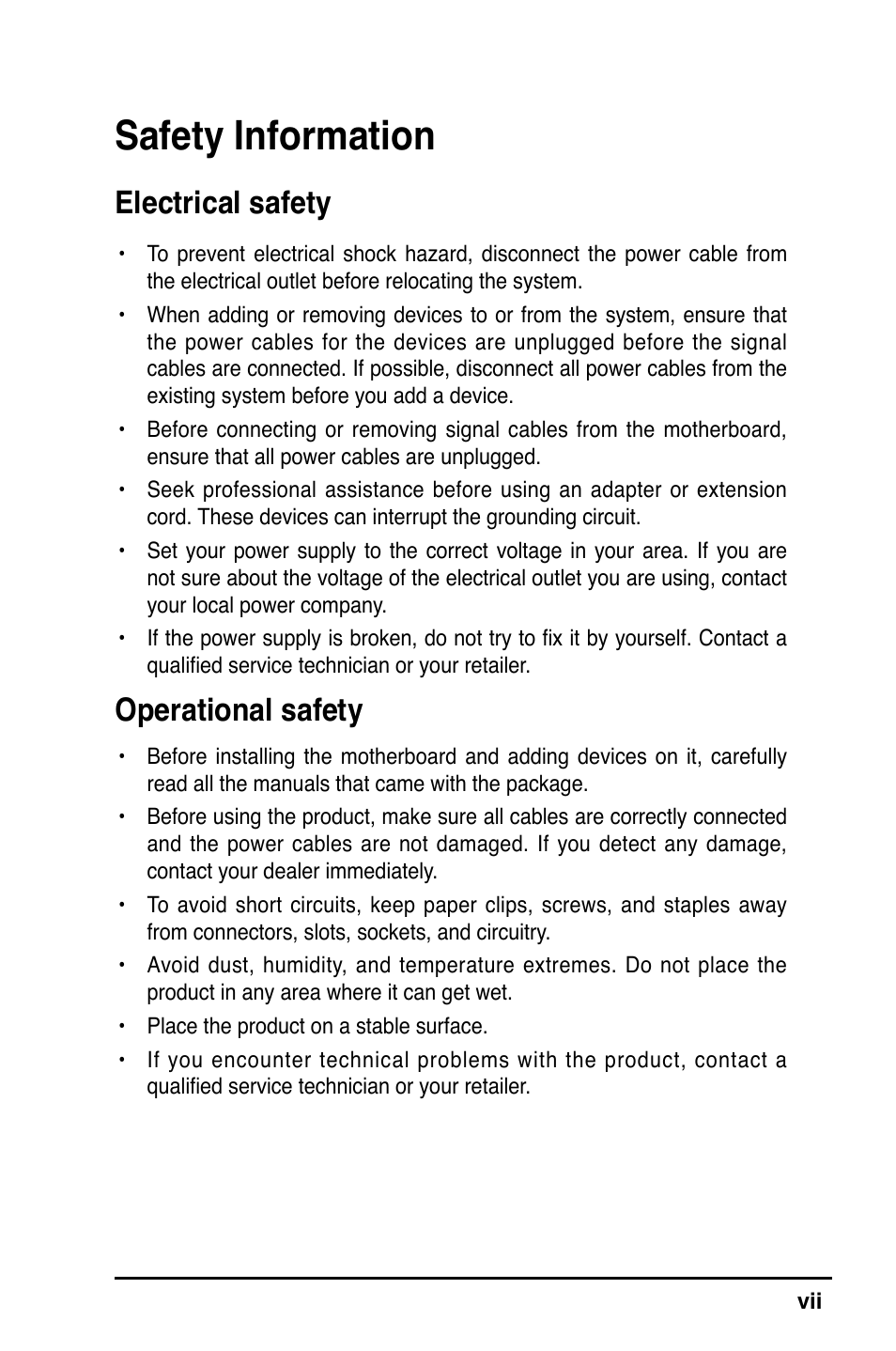 Safety information, Electrical safety, Operational safety | Asus K8V-MX User Manual | Page 7 / 72