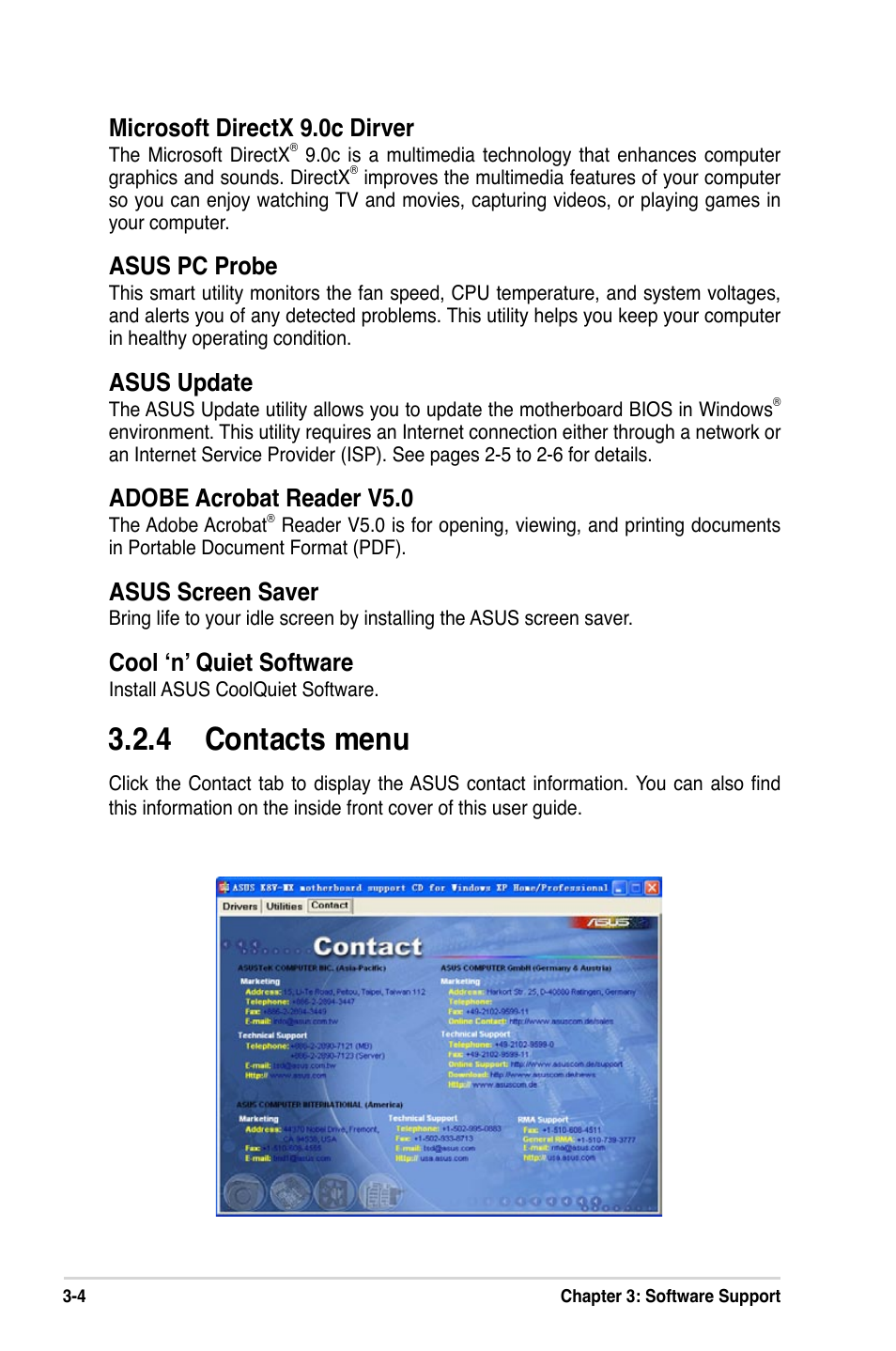 4 contacts menu, Microsoft directx 9.0c dirver, Asus pc probe | Asus update, Adobe acrobat reader v5.0, Asus screen saver, Cool ʻnʼ quiet software | Asus K8V-MX User Manual | Page 72 / 72