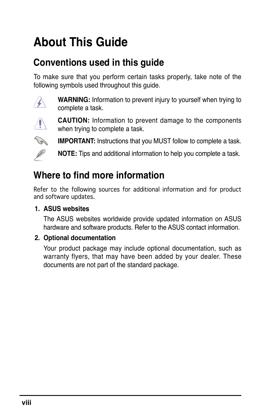About this guide, Conventions used in this guide, Where to ﬁnd more information | Asus K8V-MX User Manual | Page 8 / 72
