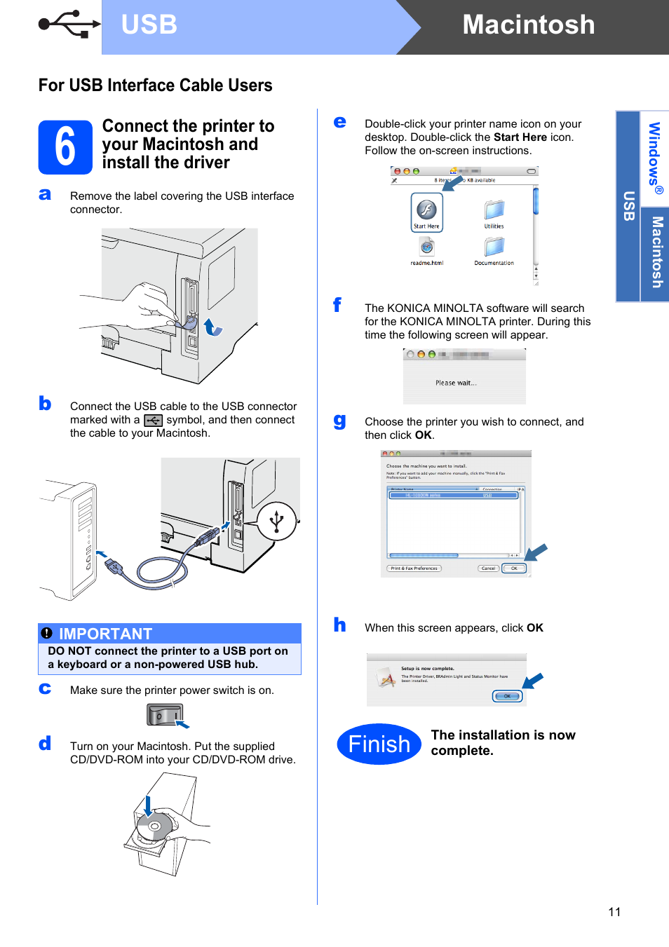 For usb interface cable users, Macintosh usb, Finish | Konica Minolta bizhub 20P User Manual | Page 11 / 33