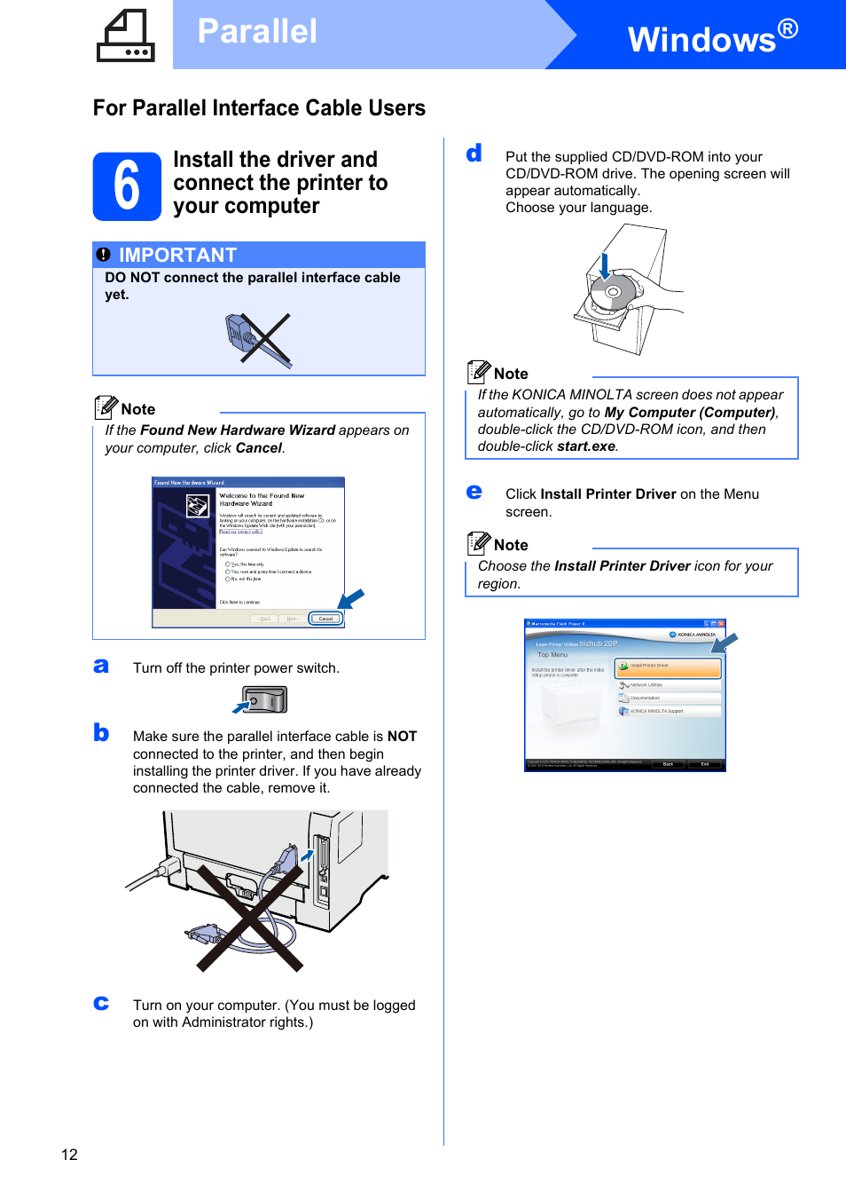 For parallel interface cable users, Windows, Parallel | Konica Minolta bizhub 20P User Manual | Page 12 / 33