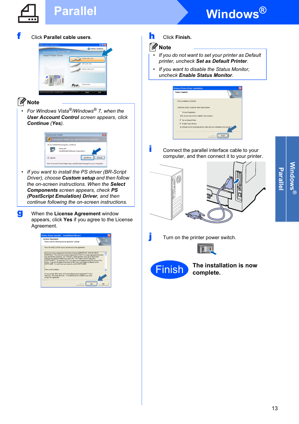 Windows, Parallel, Finish | Konica Minolta bizhub 20P User Manual | Page 13 / 33