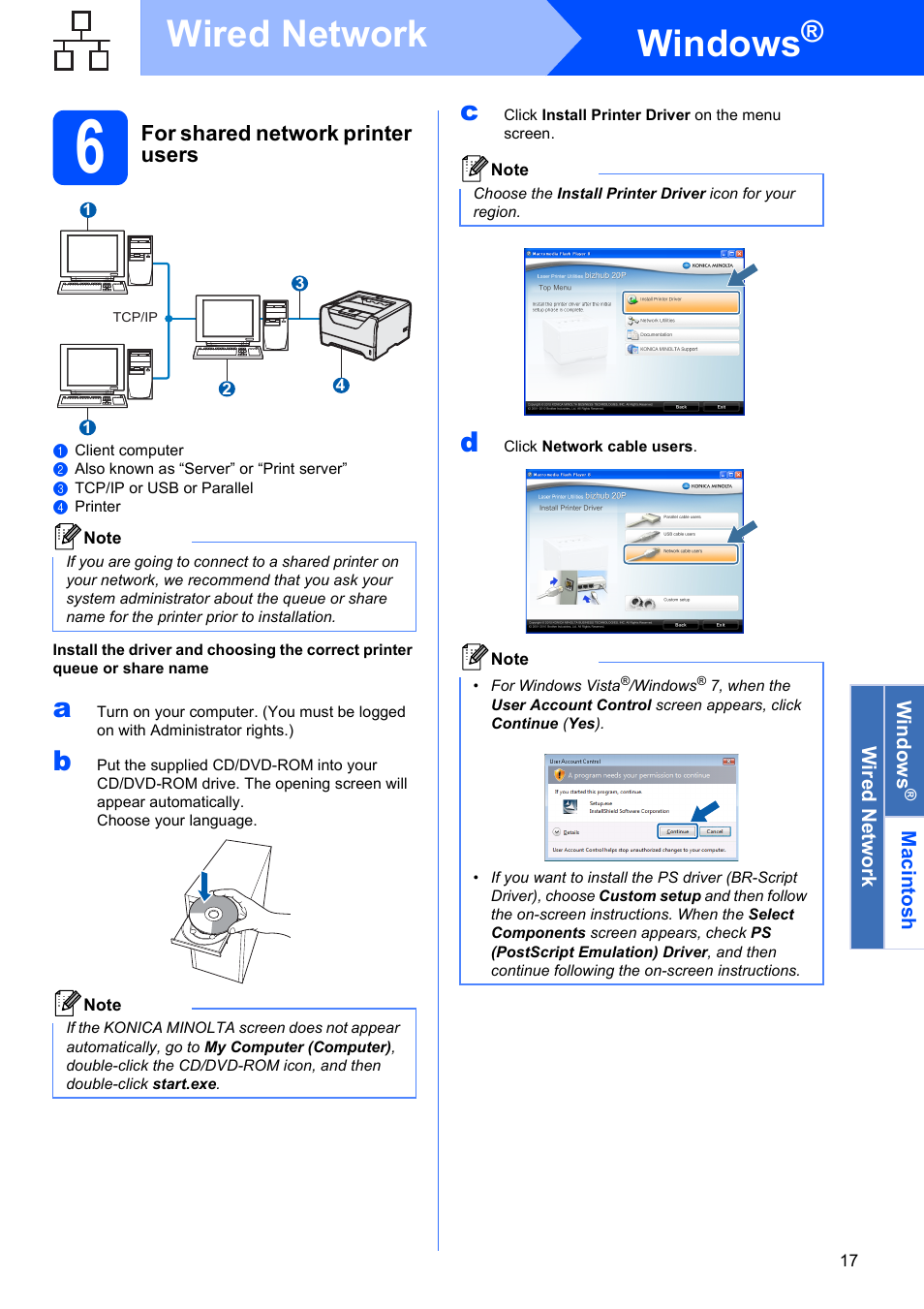 6 for shared network printer users, Windows, Wired network | For shared network printer users | Konica Minolta bizhub 20P User Manual | Page 17 / 33