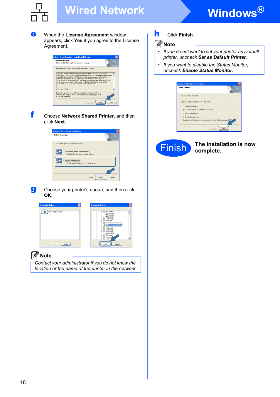 Windows, Wired network, Finish | Konica Minolta bizhub 20P User Manual | Page 18 / 33