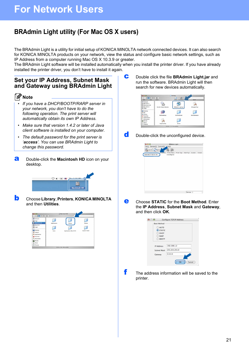 Bradmin light utility (for mac os x users), For network users | Konica Minolta bizhub 20P User Manual | Page 21 / 33