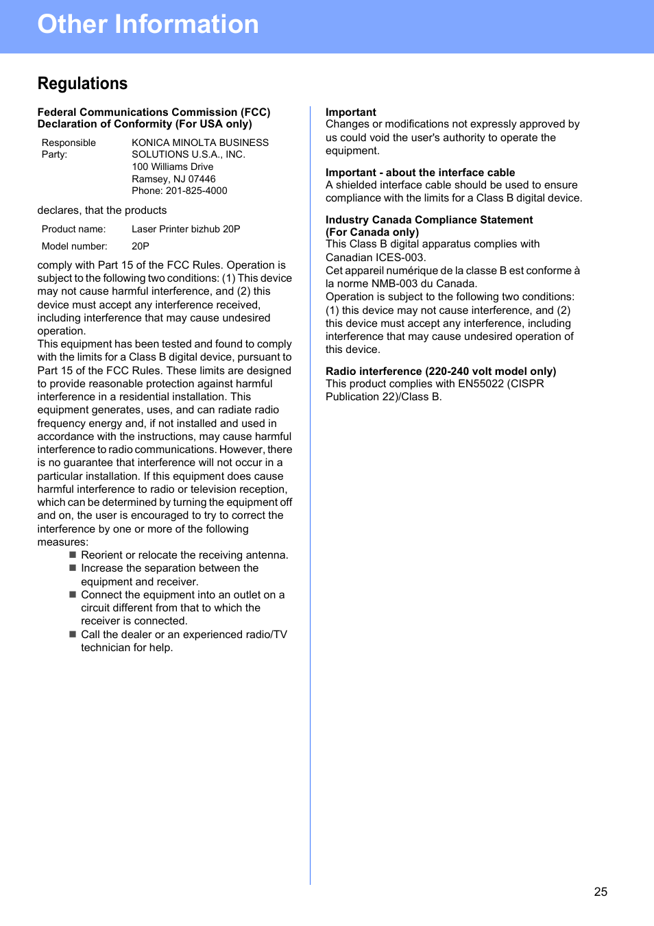 Regulations, Other information | Konica Minolta bizhub 20P User Manual | Page 25 / 33