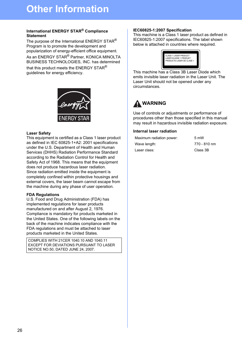 Other information, Warning | Konica Minolta bizhub 20P User Manual | Page 26 / 33