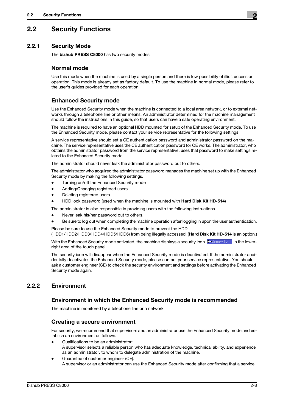 2 security functions, 1 security mode, Normal mode | Enhanced security mode, 2 environment, Creating a secure environment, Security functions -3, Security mode -3, Environment -3 | Konica Minolta bizhub PRESS C8000 User Manual | Page 10 / 48