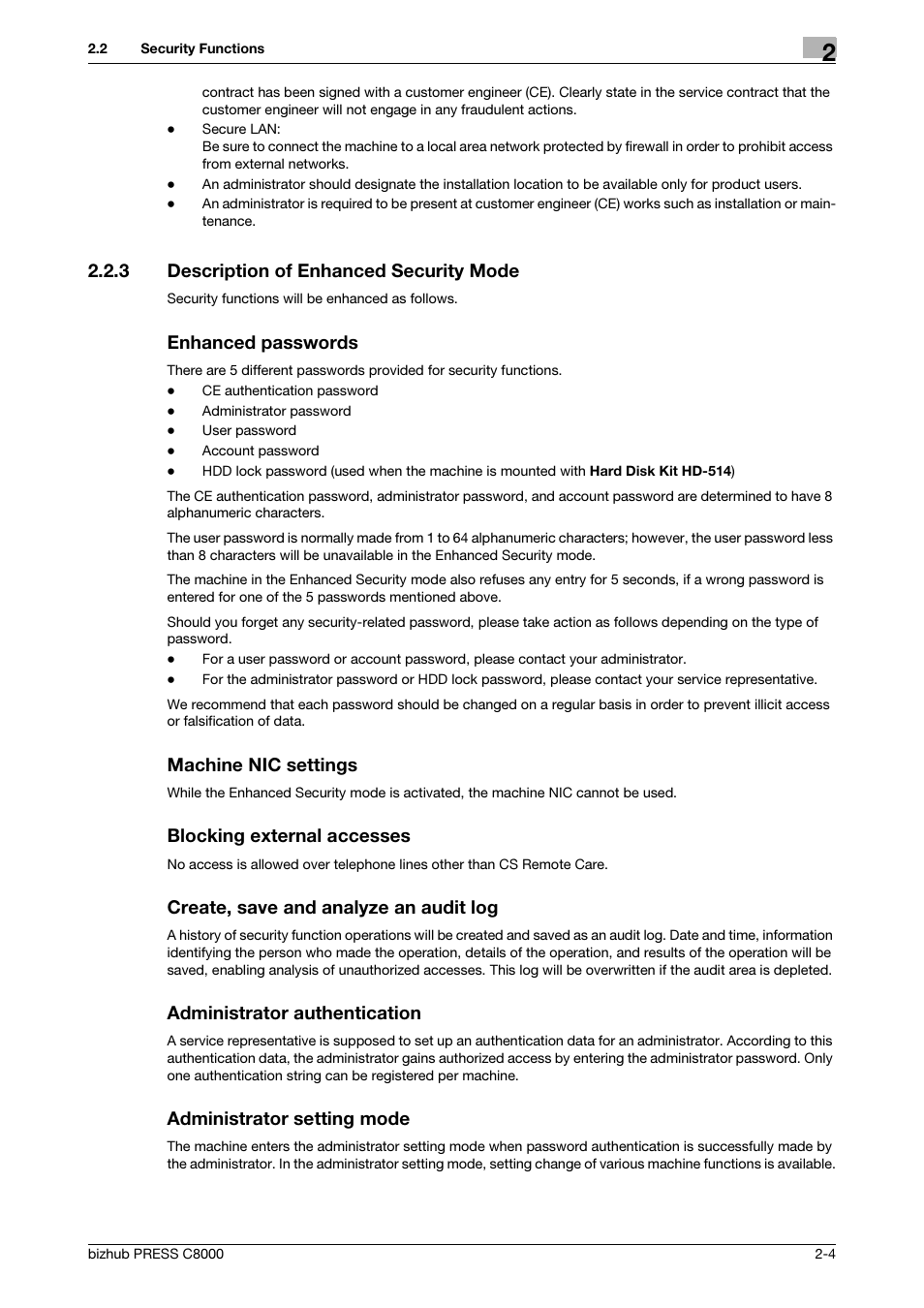 3 description of enhanced security mode, Enhanced passwords, Machine nic settings | Blocking external accesses, Create, save and analyze an audit log, Administrator authentication, Administrator setting mode, Description of enhanced security mode -4 | Konica Minolta bizhub PRESS C8000 User Manual | Page 11 / 48