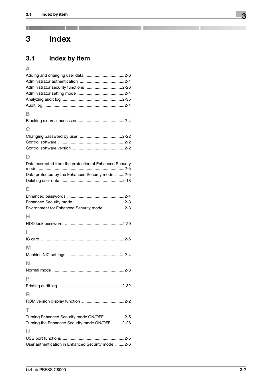 3 index, 1 index by item, Index | Index by item -2, 3index | Konica Minolta bizhub PRESS C8000 User Manual | Page 46 / 48