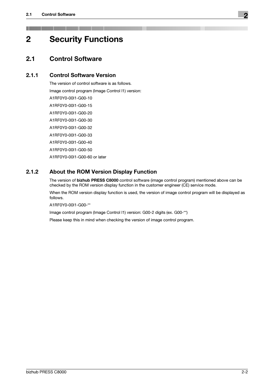 2 security functions, 1 control software, 1 control software version | 2 about the rom version display function, Security functions, Control software -2, Control software version -2, About the rom version display function -2, 2security functions | Konica Minolta bizhub PRESS C8000 User Manual | Page 9 / 48