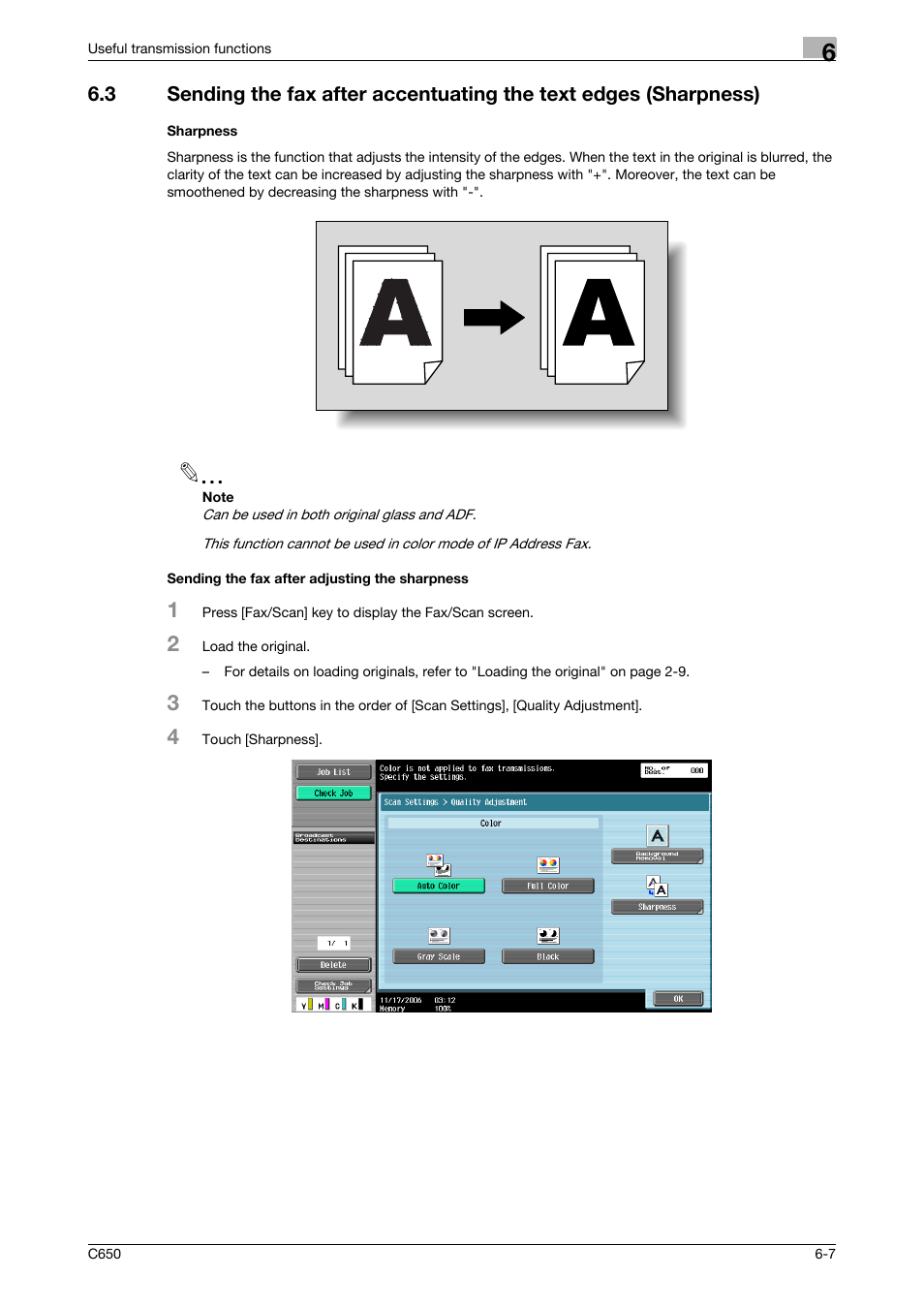 Sharpness, Sending the fax after adjusting the sharpness | Konica Minolta bizhub C650 User Manual | Page 110 / 295