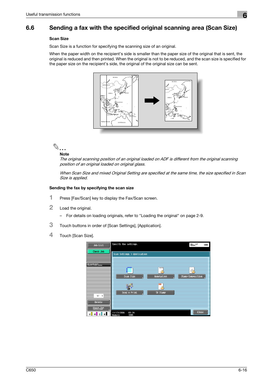 Scan size, Sending the fax by specifying the scan size, Touch [scan size | Konica Minolta bizhub C650 User Manual | Page 119 / 295