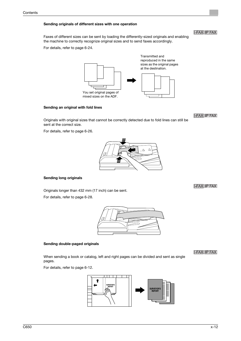 Sending an original with fold lines, Sending long originals | Konica Minolta bizhub C650 User Manual | Page 13 / 295